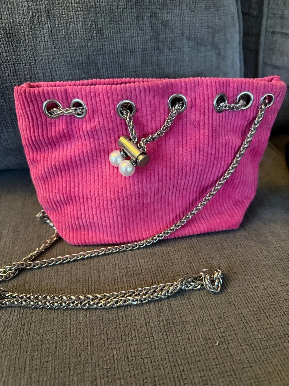 SHEIN Hot Pink Corduroy Chain Shoulder Bag with Pearl Charm